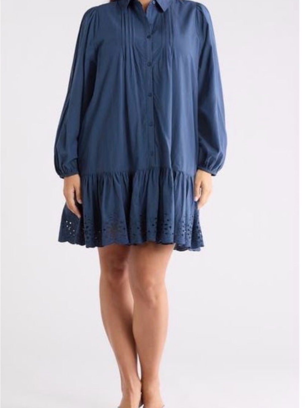 Melrose and Market Navy Button-Front Tiered Eyelet Mini Dress